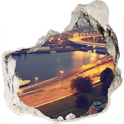 Zelfklevende muursticker 3D gat Uitzicht op de stad 's nachts