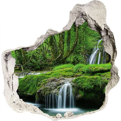 3D wandsticker gat in de muur Mysterieus bos met een waterval