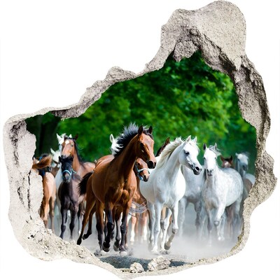 Zelfklevende muursticker 3D gat Een kudde paarden op de vlucht