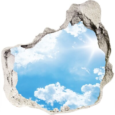 3D muursticker effect gat in de muur Blauwe lucht met wolken