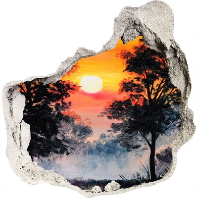 Zelfklevende muursticker 3D gat Zonsondergang in het bos