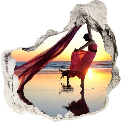 3D muursticker effect gat in de muur Dansen op het strand bij zonsondergang