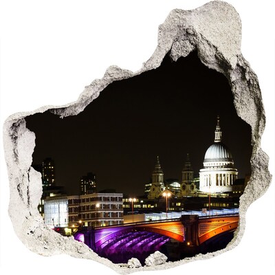 3D wandsticker gat in de muur Nachtzicht op Londen door een gat in de muur.