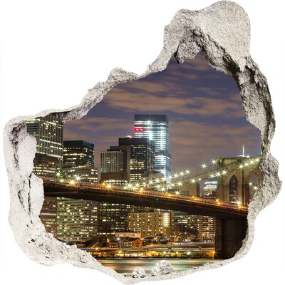 3D muursticker effect gat in de muur Uitzicht op de Brooklyn Bridge 's nachts