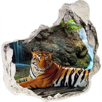 3D muursticker effect gat in de muur Tijger in de wilde jungle