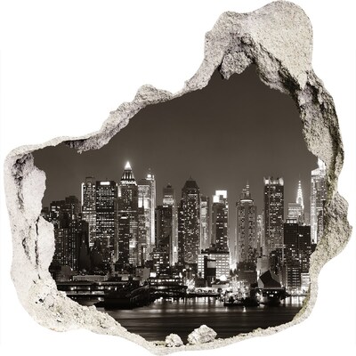 3D wandsticker gat in de muur De skyline van New York 's nachts