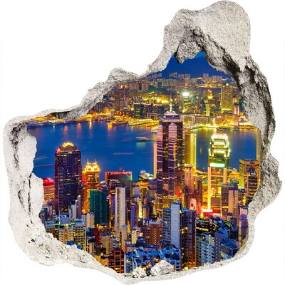 3D muursticker effect gat in de muur Uitzicht op Hongkong 's nachts