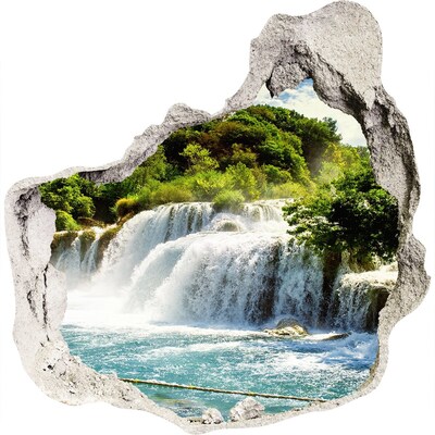 3D wandsticker gat in de muur Een waterval te midden van het groen.