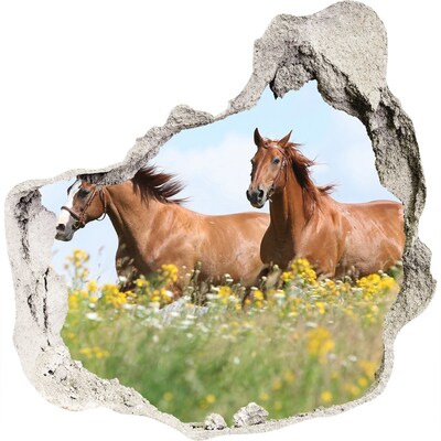 Zelfklevende muursticker 3D gat Paarden in de wei