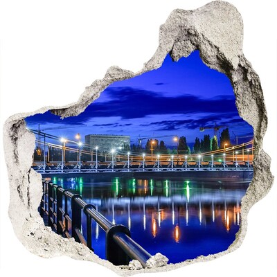 Zelfklevende muursticker 3D gat Nachtzicht op de brug en de rivier