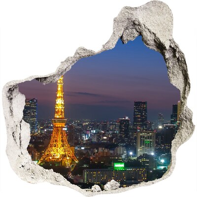 3D muursticker effect gat in de muur Uitzicht op Tokio 's nachts