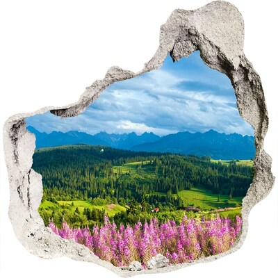 3D wandsticker gat in de muur Berglandschap met bloemen