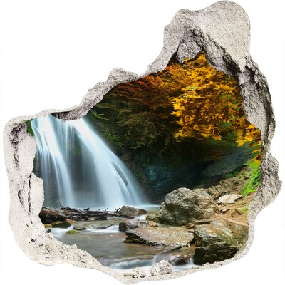 3D muursticker effect gat in de muur Waterval in het herfstbos