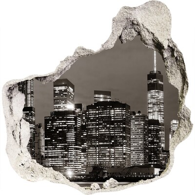 3D muursticker effect gat in de muur De skyline van New York 's nachts