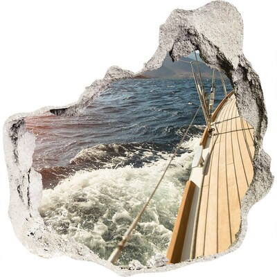 3D muursticker effect gat in de muur Vaar over een stormachtige zee