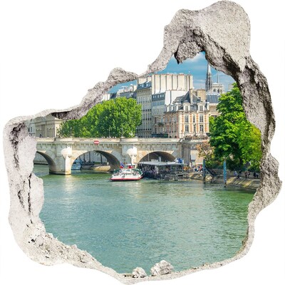 Zelfklevende muursticker 3D gat Uitzicht op Parijs door een gat in de muur.