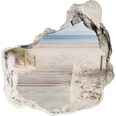 Zelfklevende muursticker 3D gat Een mysterieus strand met een houten pier.