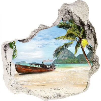 Zelfklevende muursticker 3D gat Tropisch strand met een boot