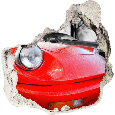 3D wandsticker gat in de muur Rode sportwagen achter het gat in de muur