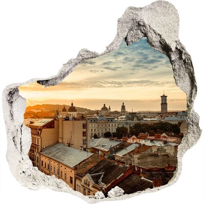 3D muursticker effect gat in de muur Zonsondergang boven de stad