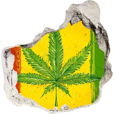 3D muursticker effect gat in de muur Groen cannabisblad op een geel-rood-groene achtergrond