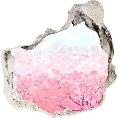 3D wandsticker gat in de muur Een bloemenlandschap in roze tinten.