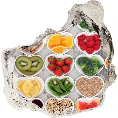 3D muursticker effect gat in de muur Gezonde harten vol fruit en groenten