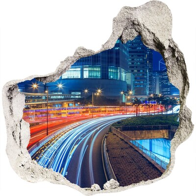 Zelfklevende muursticker 3D gat Moderne stad 's nachts