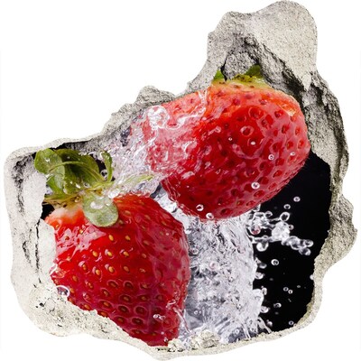 3D muursticker effect gat in de muur Sappige aardbeien in water