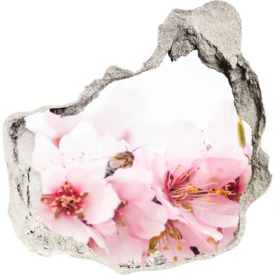 3D muursticker effect gat in de muur Kersenbloesems met een bij