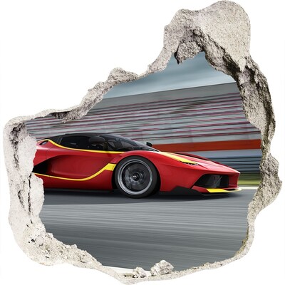 3D wandsticker gat in de muur Een raceauto op het circuit.