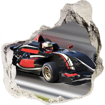3D wandsticker gat in de muur Een raceauto op het circuit.