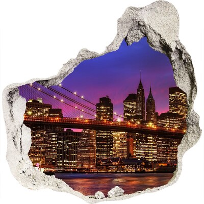 Zelfklevende muursticker 3D gat De skyline van New York 's nachts