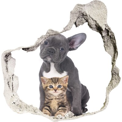 3D muursticker effect gat in de muur Schattige dieren achter de muur