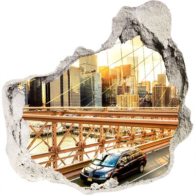 3D muursticker effect gat in de muur Brooklyn Bridge bij zonsondergang