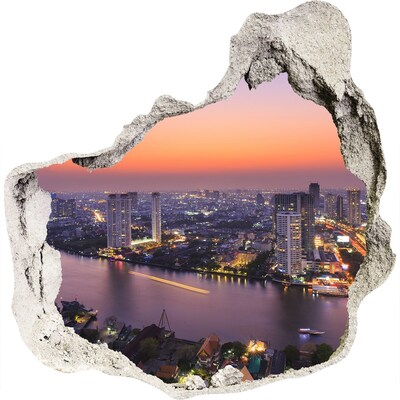 Zelfklevende muursticker 3D gat Uitzicht op de stad bij zonsondergang