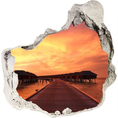 Zelfklevende muursticker 3D gat Zonsondergang boven het water