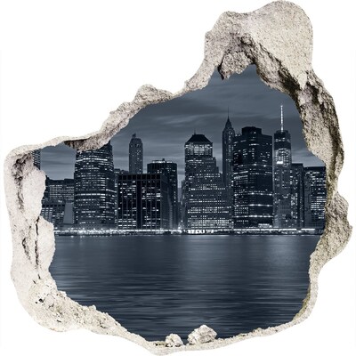 3D muursticker effect gat in de muur Uitzicht op de skyline van New York 's nachts