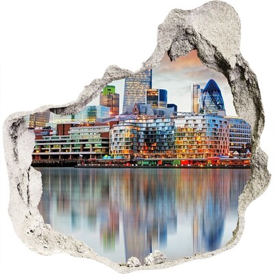 3D muursticker effect gat in de muur Een uitzicht op een moderne stad aan het water.