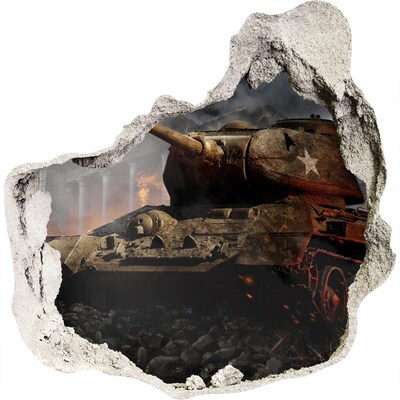 3D wandsticker gat in de muur Tank in de ruïnes van de stad