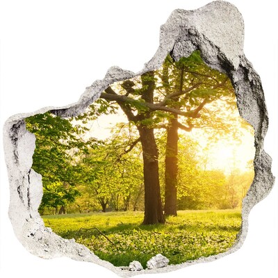 3D muursticker effect gat in de muur Een groen paradijs tussen de bomen.