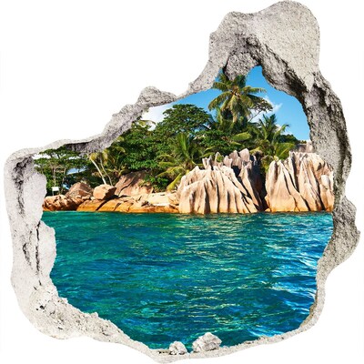 Zelfklevende muursticker 3D gat Exotisch strand met palmbomen
