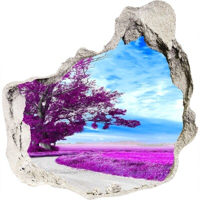 3D wandsticker gat in de muur Landschap in paarse tinten