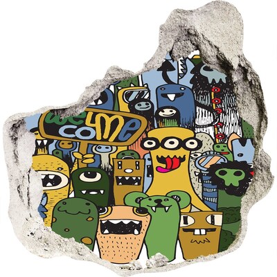 3D wandsticker gat in de muur Kleurrijke monsters in een gat in de muur