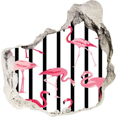 Zelfklevende muursticker 3D gat Flamingo's op een gestreepte achtergrond