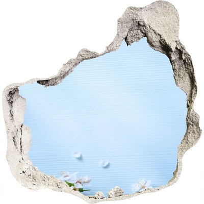 3D wandsticker gat in de muur Blauwe lucht achter de ingestorte muur