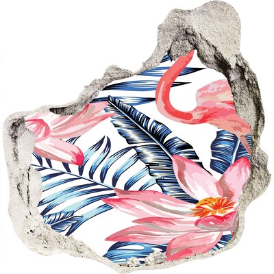 3D muursticker effect gat in de muur Tropisch paradijs met flamingo's
