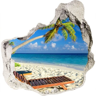 Zelfklevende muursticker 3D gat Tropisch strand met een palmboom