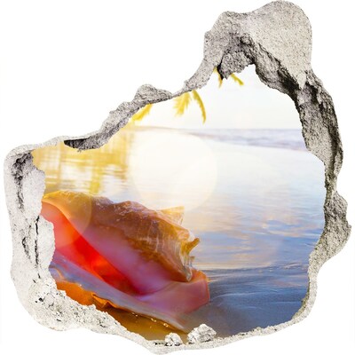 3D muursticker effect gat in de muur Tropisch strand met schelpen