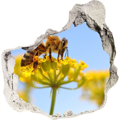 3D muursticker effect gat in de muur Een bij op een bloem